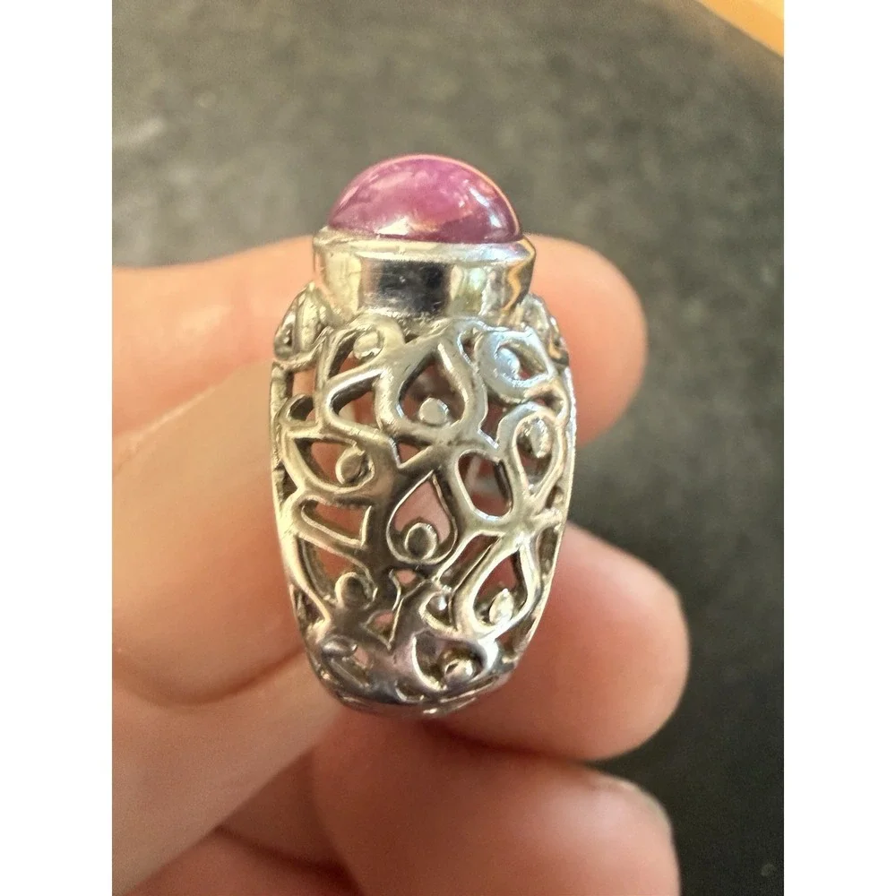Vintage KNR 925 Sterling Silver India Red Cabochon Gemstone Ring Size 5